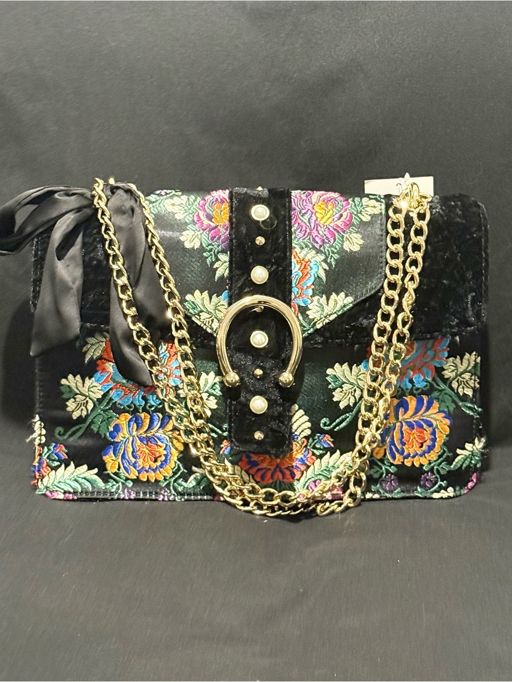 Embroidered Floral Crushed Velvet Purse w/Ribbon Accent